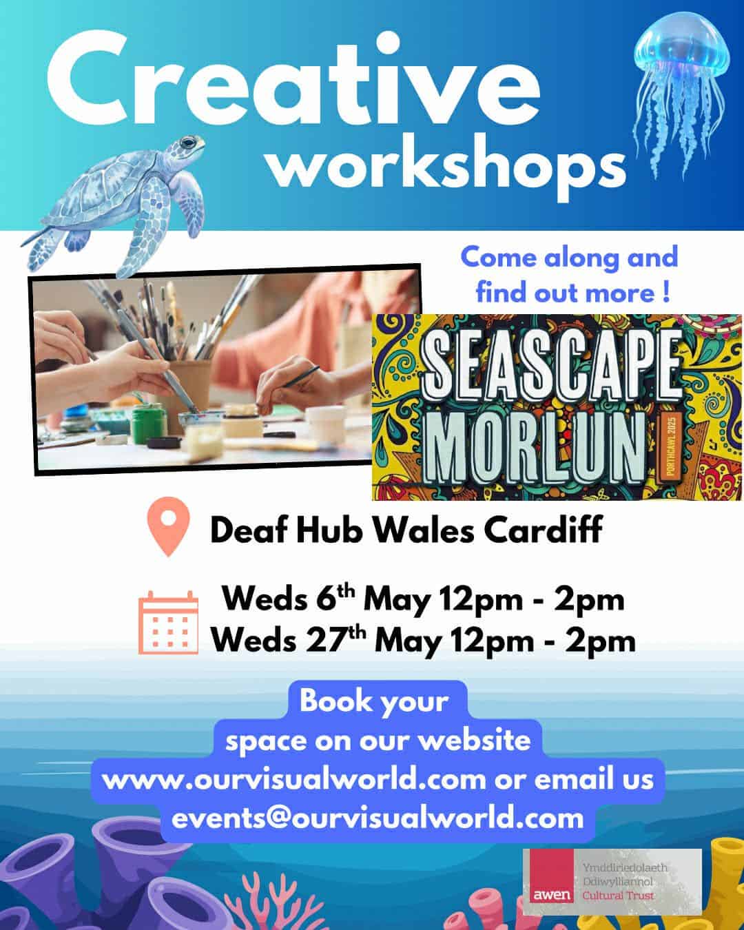 seascape creative workshops poster. workshops at deaf hub wales on 6th and 27th May 2026 both from 12 til 2pm.