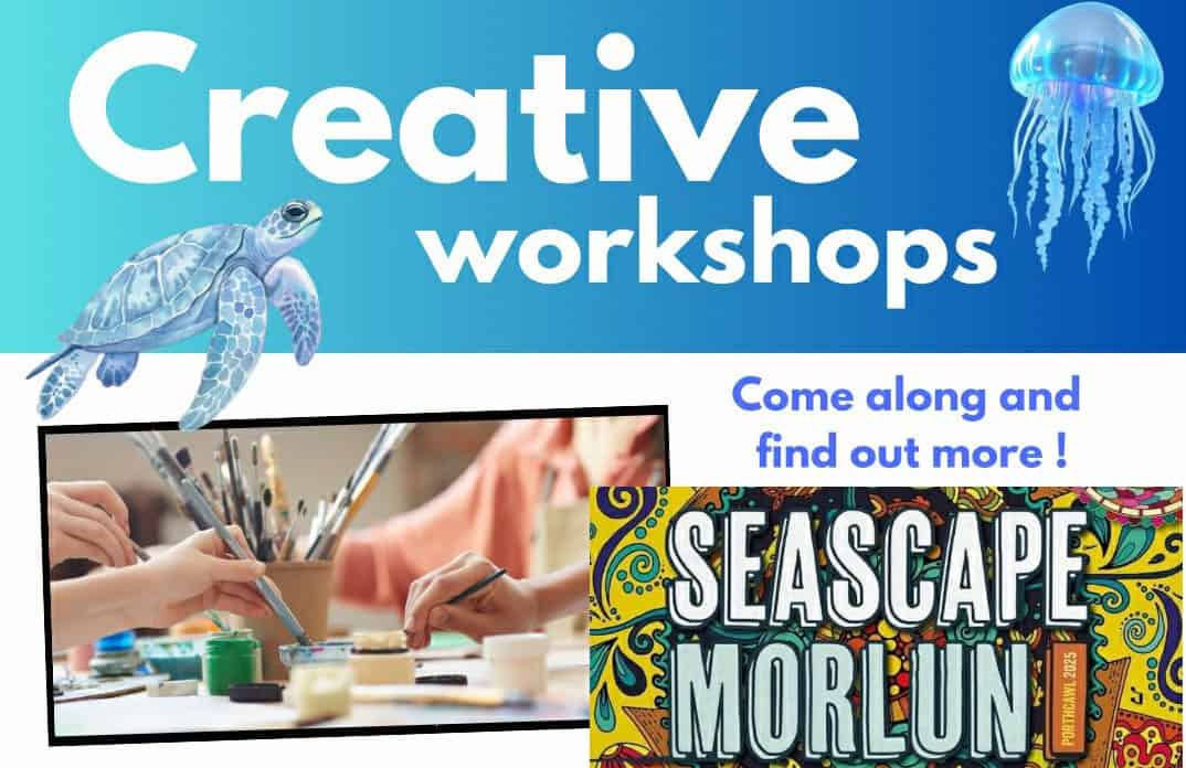 seascape creative workshops cropped poster. workshops at deaf hub wales on 6th and 27th May 2026 both from 12 til 2pm.